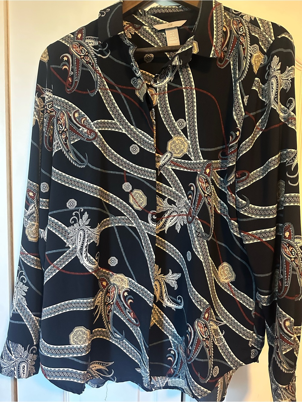 H&M Black Paisley Print Button-Up Blouse with Gold & Red Accents